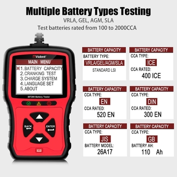 VIDENT iBT200 9V-36V Battery Tester for 12V Passenger Cars and 24V Heavy Duty Trucks 100 to 2000CCA Car Battery Analyzer