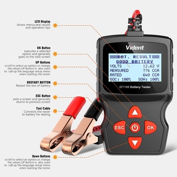 Vident iBT100 12V Battery Analyzer for Flooded, AGM,GEL 100-1100CCA Automotive Tester Diagnostic Tool